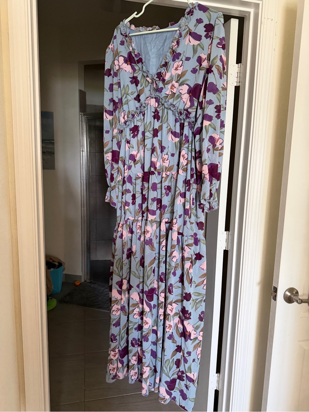 Light Blue Floral Maxi Dress with Pink & Purple Blooms